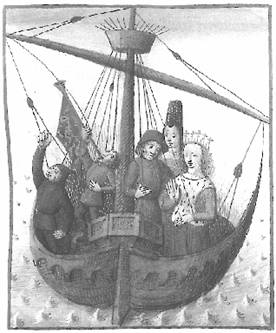 Тристан с Изольдой на борту судна. На Изольде — корона ирландской принцессы