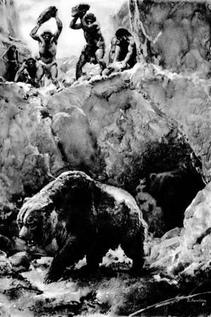 Охота неандертальцев на пещерных медведей. Худ. З. Буриан