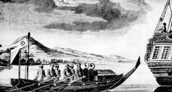 Японцы подплывают к кораблю Крузенштерна