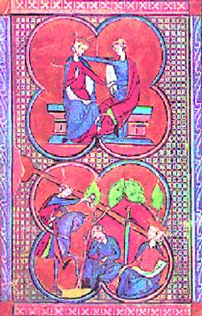 Тристан и Изольда, застигнутые врасплох королем Марком. Миниатюра 1275 года